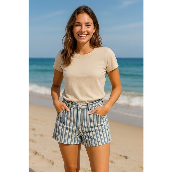 American Eagle Railroad Ticking Striped High waist Jean Mom Shorts Size 4 - Picture 1 of 9